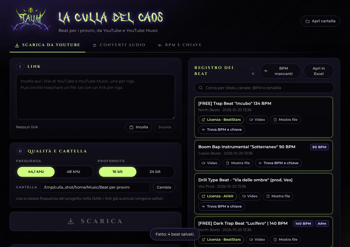 La finestra de La Culla del Caos: a sinistra i link da scaricare e la qualità, a destra il registro dei beat