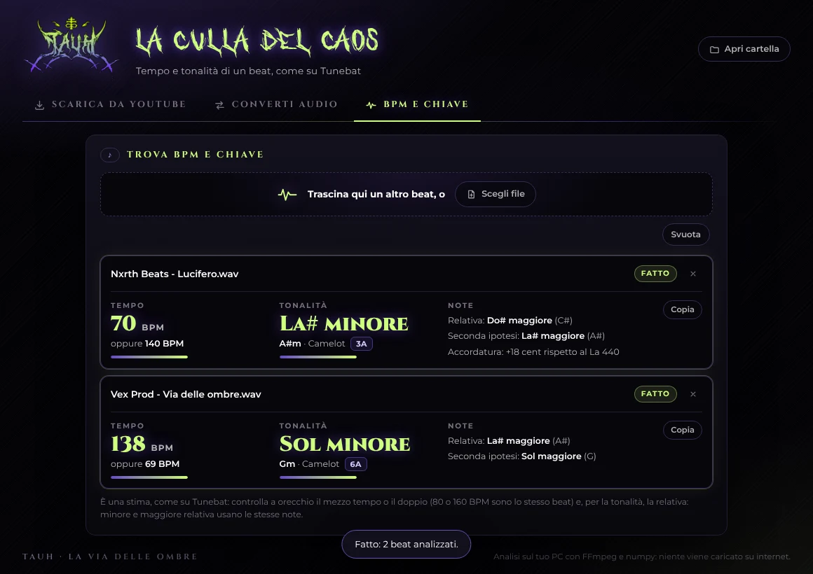 La scheda BPM e chiave con i risultati di due beat